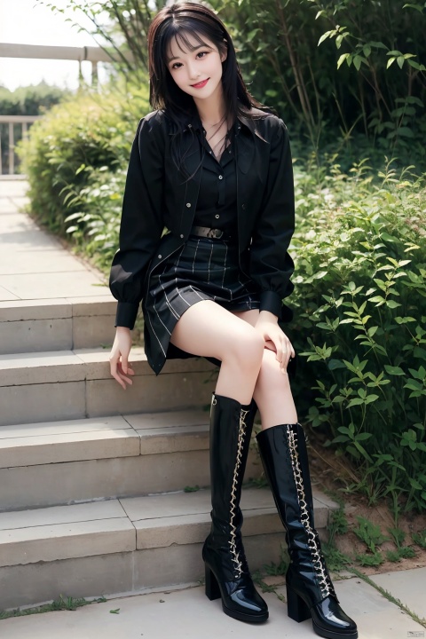 1girl, solo,  looking at viewer, blush, smile, short hair,  bangs, skirt, shirt, black hair, long sleeves, green eyes, collarbone, full body, flower, :d, pleated skirt, boots, outdoors, day, miniskirt, black skirt, Knee high boots,black footwear, black shirt, plant, cross-laced footwear, lace-up boots, potted plant,miniskirt