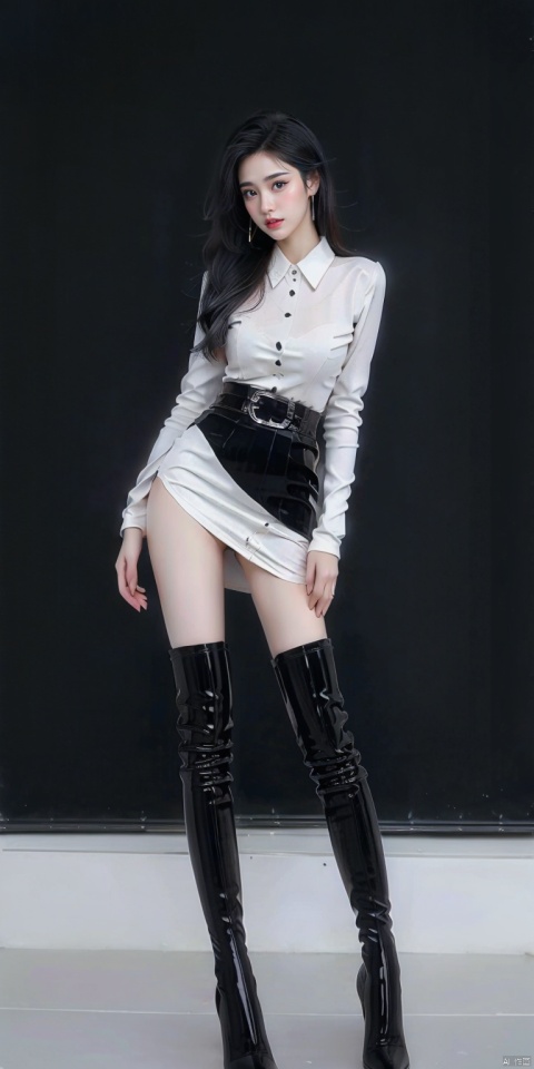 1girl,(thigh_boots:1.2),huge filesize,full_shot,armor,drop earrings,light leaks,reality,darkgray,holding_shield,(long_gloves:1.1),lace,penis_grab,gravure_pose,legs_apart, white leather boots, white high heels, white thigh_boots, white latex legwear,white latex boots,black leather blazer,black leather belt_collar,panorama,dress_shirt,cutoffs,