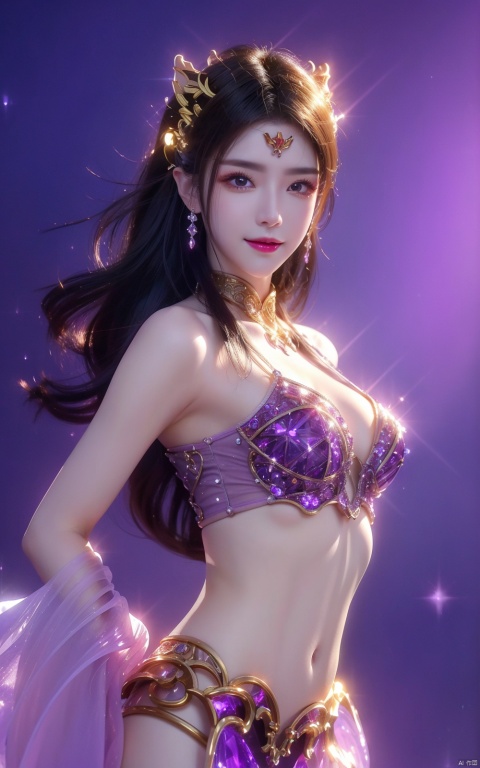  (Good structure),cowboy_shot, DSLR Quality,Depth of field ,looking_at_viewer,Dynamic pose, , kind smile,
1 girl,(Purple light effect),hair ornament,jewelry,looking at viewer, (\meng ze\), wangyushan, dofas,(ultra-detailed crystallization),transparent crystals, , meidusha