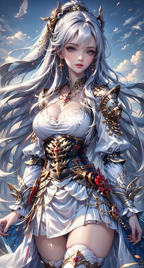  High quality, masterpiece, 1girl, white armor, silver hair, thighs,sexy