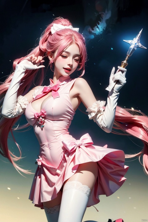  1girl, solo, long hair, looking at viewer, smile, open mouth, simple background, hair ornament, gloves, white background, dress, bow, holding, jewelry, very long hair, standing, ponytail, pink hair, hair bow, heart, earrings, frills, one eye closed, sleeveless, white gloves, pink eyes, star \(symbol\), 
Knee high boots, magical girl, leg up, standing on one leg, pink dress, wand, maolilan, jiqing, 1 girl