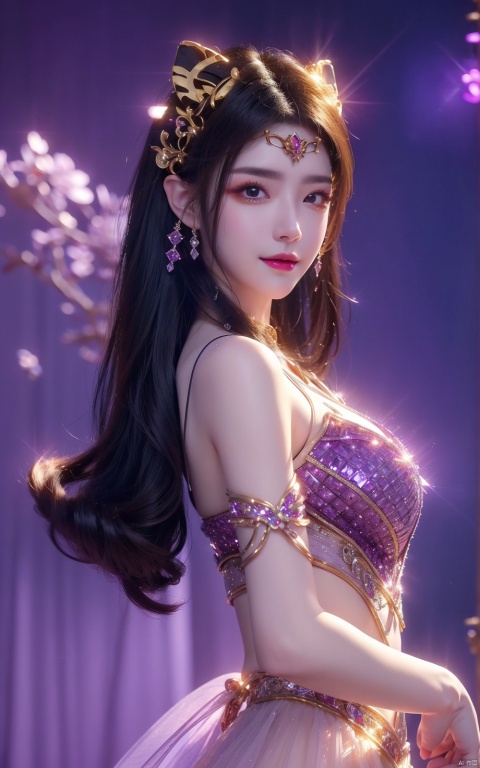  (Good structure),cowboy_shot, DSLR Quality,Depth of field ,looking_at_viewer,Dynamic pose, , kind smile,
1 girl,(Purple light effect),hair ornament,jewelry,looking at viewer, (\meng ze\), wangyushan, dofas,(ultra-detailed crystallization),transparent crystals, , meidusha
