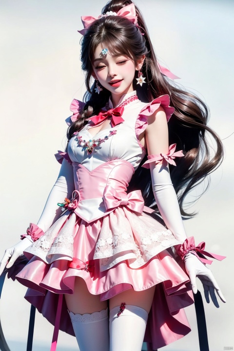 1girl, solo, long hair, looking at viewer, smile, open mouth, simple background, hair ornament, gloves, white background, dress, bow, holding, jewelry, very long hair, standing, ponytail, pink hair, hair bow, heart, earrings, frills, one eye closed, sleeveless, white gloves, pink eyes, star \(symbol\), 
Knee high boots, magical girl, leg up, standing on one leg, ;d, pink dress, wand, maolilan, jiqing, 1 girl