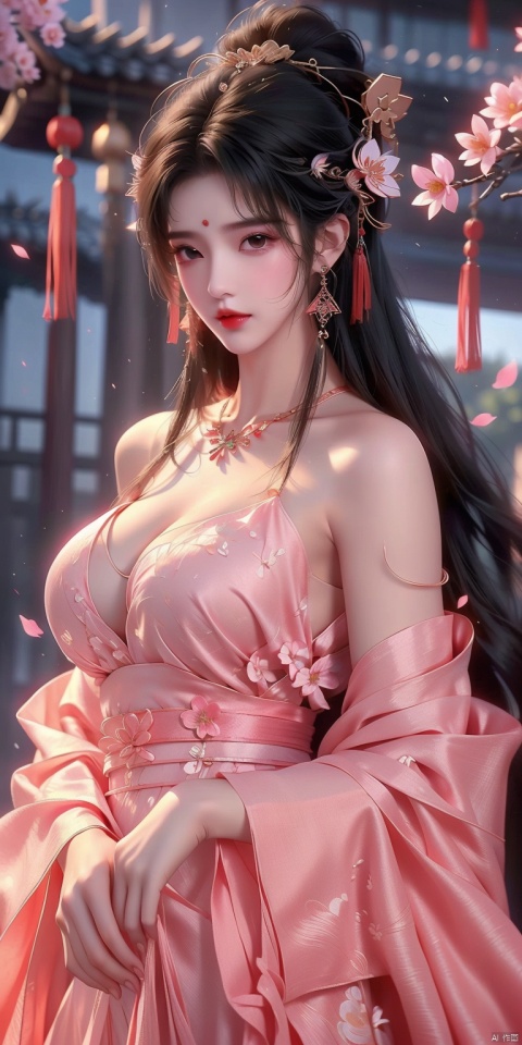  ((1girl)),(large breasts:1.5),jewelry,solo,hair ornament,necklace,chinese clothes,flower,black hair,hanfu,long hair,breasts,blurry,blurry background,upper body,cleavage,red lips,looking at viewer,realistic,dress,hair stick,hair flower,branch,