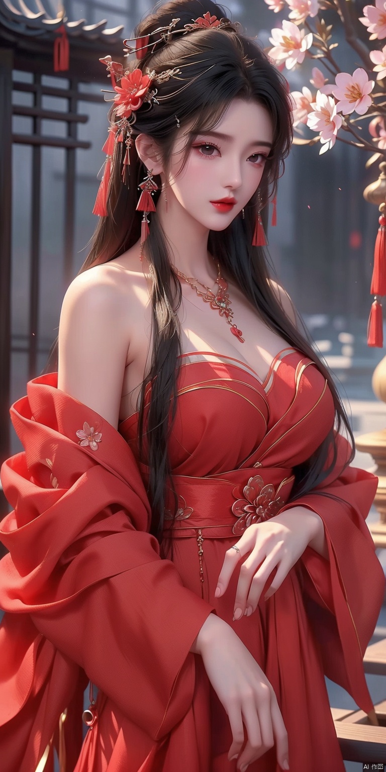  ((1girl)),(large breasts:1.5),jewelry,solo,hair ornament,necklace,chinese clothes,flower,black hair,hanfu,long hair,breasts,blurry,blurry background,upper body,cleavage,red lips,looking at viewer,realistic,dress,hair stick,hair flower,branch,