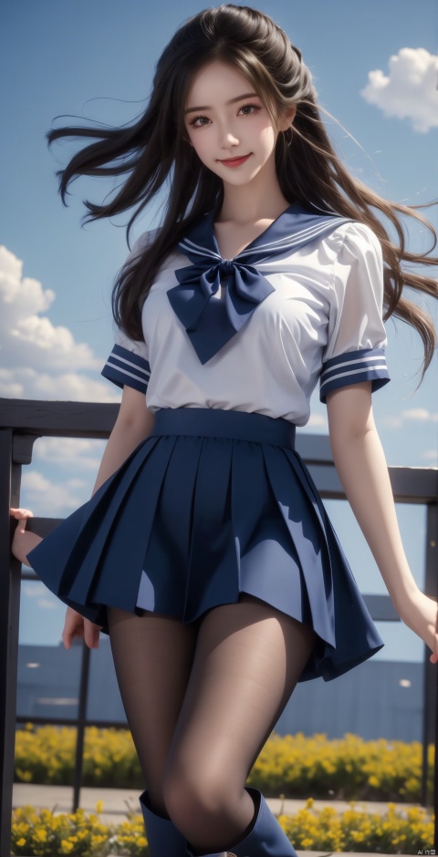 best quality, masterpiece, realistic,cowboy_shot,(Good structure), DSLR Quality,Depth of field,kind smile,looking_at_viewer,Dynamic pose, Knee high boots,
,  Wind, flowing hair, , Dynamic pose, , perfect body, Blue sky and white clouds, campus,
 sailor senshi uniform,blue bow,blue necktie,blue sailor collar,blueskirt, ,,blackpantyhose,jinpinger