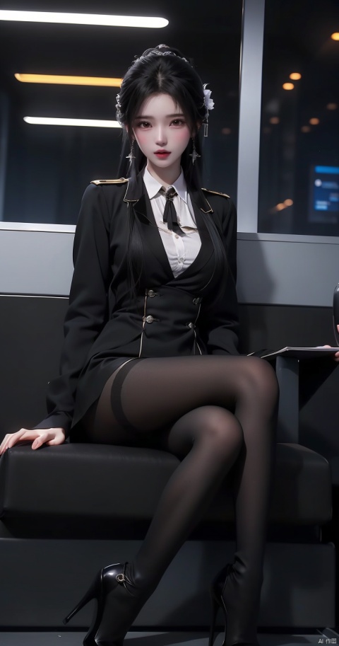  Stewardess, updo, black pantyhose, high heels, sit down, terminal,garrison cap, 1 girl, liuyifei, Knee high boots,1girl, qingyi