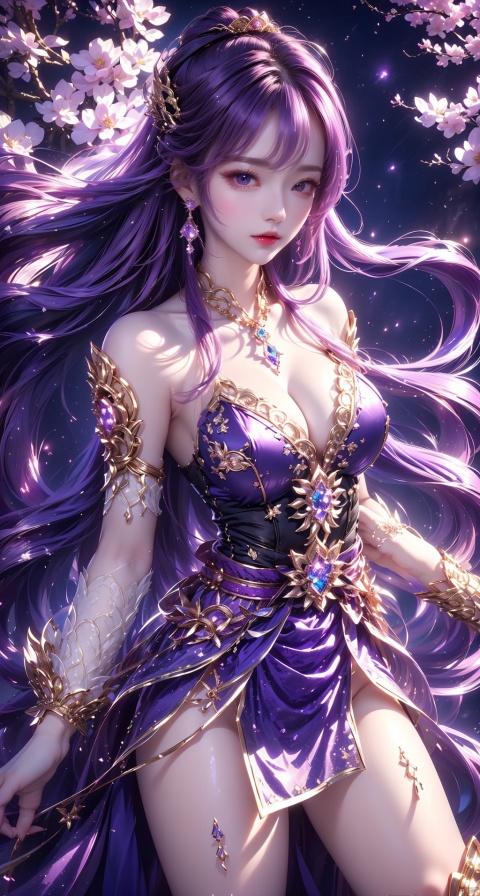  1 girl,(Purple light effect),hair ornament,jewelry,looking at viewer, (\meng ze\), wangyushan, dofas,(ultra-detailed crystallization),transparent crystals, qingyi, yelan (genshin impact)