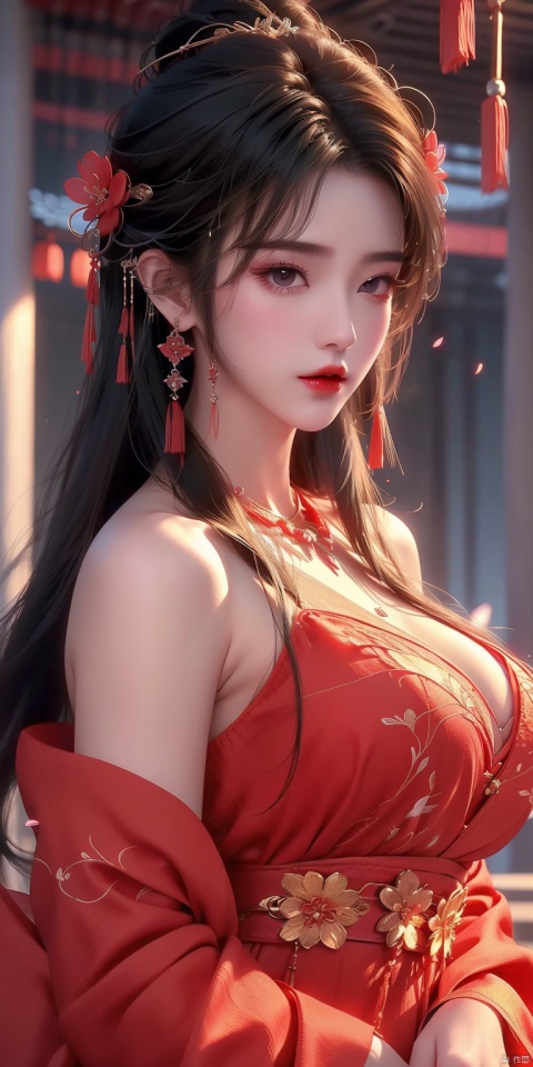  ((1girl)),(large breasts:1.5),jewelry,solo,hair ornament,necklace,chinese clothes,flower,black hair,hanfu,long hair,breasts,blurry,blurry background,upper body,cleavage,red lips,looking at viewer,realistic,dress,hair stick,hair flower,branch,