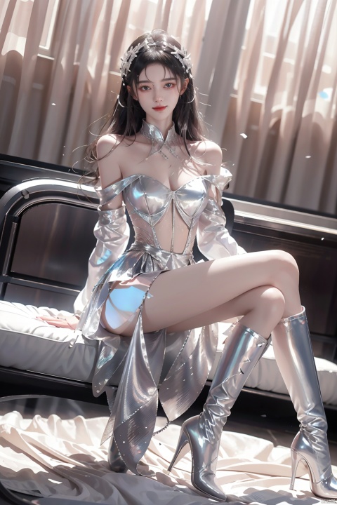  (Fractal art:1.2),Silver female, silver body, silver long hair, silver face, perfect body, silver miniskirt,princess,Knee high boots,,smile,sitting_down pink bed,spread legs,off shoulder,bare legs,sexy