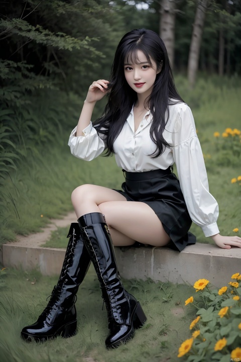 1girl, solo,  looking at viewer, blush, smile, short hair, open mouth, bangs, skirt, shirt, black hair, long sleeves, sitting, green eyes, collarbone, full body, flower, :d, pleated skirt, boots, outdoors, day, miniskirt, black skirt, Knee high boots,black footwear, black shirt, plant, cross-laced footwear, lace-up boots, potted plant,,high heels,miniskirt