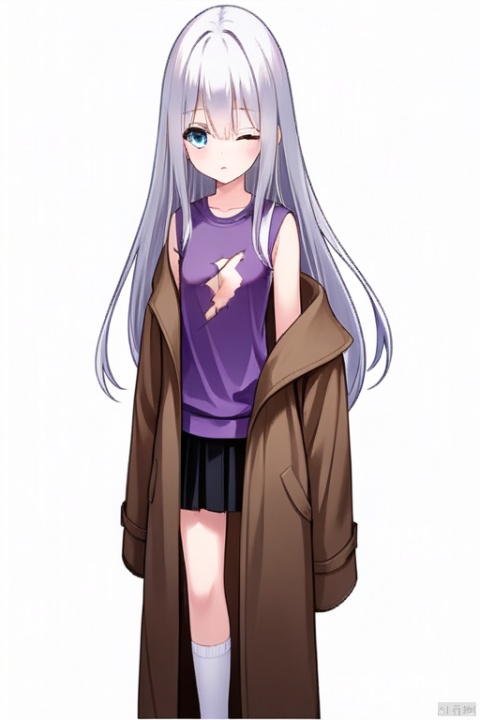 gril, white hair, long hair, pussy,Purple shirt，No sleeves，There are cracks in the clothes on the chest，Transverse cracks，One eye is red and the other is blue，Black skirt，Brown coat，White socks，Black background,Whole body,