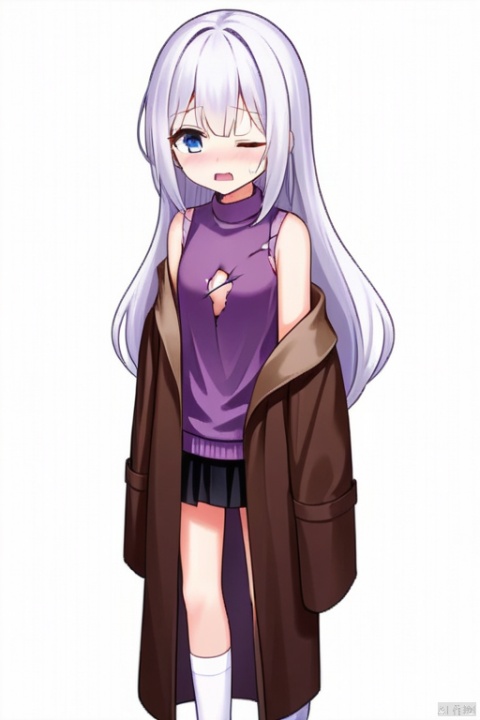 gril, white hair, long hair, pussy,very nervous,Purple shirt，No sleeves，There are cracks in the clothes on the chest，Transverse cracks，One eye is red and the other is blue，Black skirt，Brown coat，White socks，