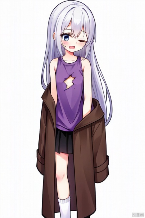 gril, white hair, long hair, pussy,very nervous,Purple shirt，One leg up，No sleeves，There are cracks in the clothes on the chest，Transverse cracks，One eye is red and the other is blue，Show  shoulders，Brown coat，Black skirt，White socks，