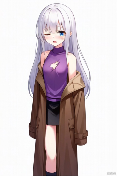 gril, white hair, long hair, pussy,very nervous,Purple shirt，One leg up，No sleeves，There are cracks in the clothes on the chest，Transverse cracks，One eye is red and the other is blue，Show  shoulders，Brown coat，Black skirt，