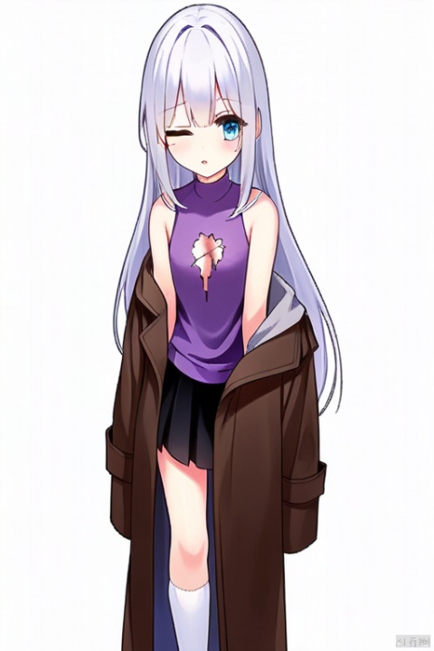 gril, white hair, long hair, pussy,Purple shirt，No sleeves，There are cracks in the clothes on the chest，Transverse cracks，One eye is red and the other is blue，Black skirt，Brown coat，White socks，Black background,
