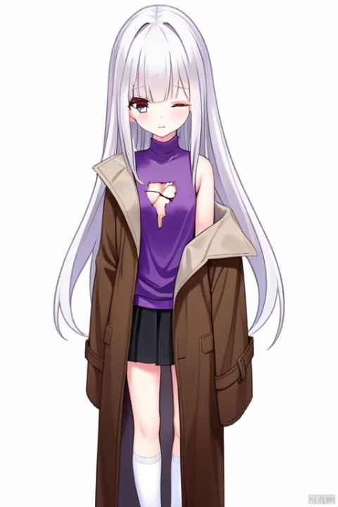 gril, white hair, long hair, pussy,Purple shirt，No sleeves，There are cracks in the clothes on the chest，Transverse cracks，One eye is red and the other is blue，Black skirt，Brown coat，White socks，