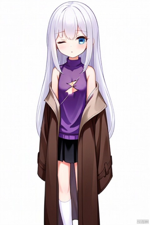 gril, white hair, long hair, pussy,Purple shirt，No sleeves，There are cracks in the clothes on the chest，Transverse cracks，One eye is red and the other is blue，Black skirt，Brown coat，White socks，