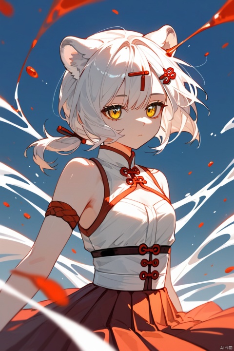 (score_9,score_8_up,score_7_up,),erotic pose,white hair,short hair,braided ponytail,short ponytail,upper_body,face_focus,tiger ears,yellow eyes,beautiful_eyes,liquid_background,portrait,hairpin,wind,expressionless,multicolour chest pleated skirt,chinese,red with white waistband,miraa \(chikurin\),,