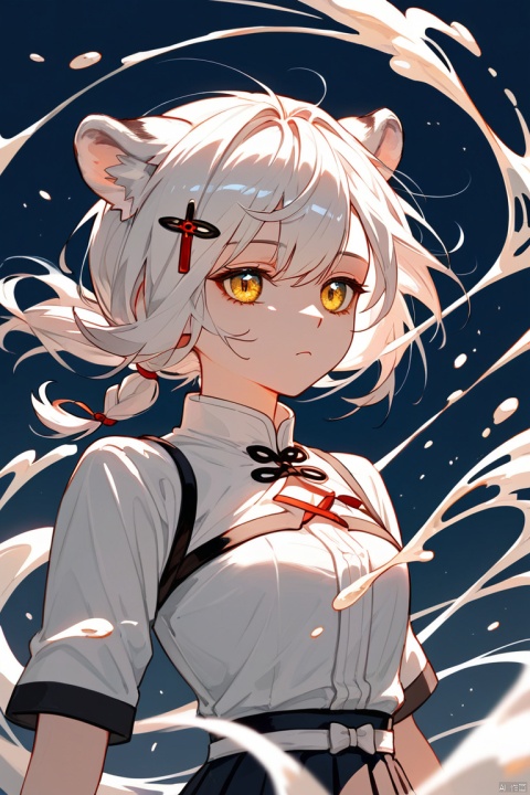 (score_9,score_8_up,score_7_up,),erotic pose,white hair,short hair,braided ponytail,short ponytail,upper_body,face_focus,tiger ears,yellow eyes,beautiful_eyes,liquid_background,portrait,hairpin,wind,expressionless,multicolour chest pleated skirt,chinese,red with white waistband,miraa \(chikurin\),,