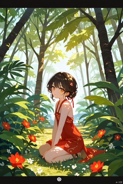 score_9, score_8_up, score_7_up, source_anime,  A serene landscape with a young girl kneeling down at the base of an ancient tree. Soft morning sunlight filters through the leaves, casting dappled patterns on her innocent face. Her gaze is downward, as if lost in thought, surrounded by lush greenery and vibrant flowers. Captured in candid silence, exuding tranquility and wonder.