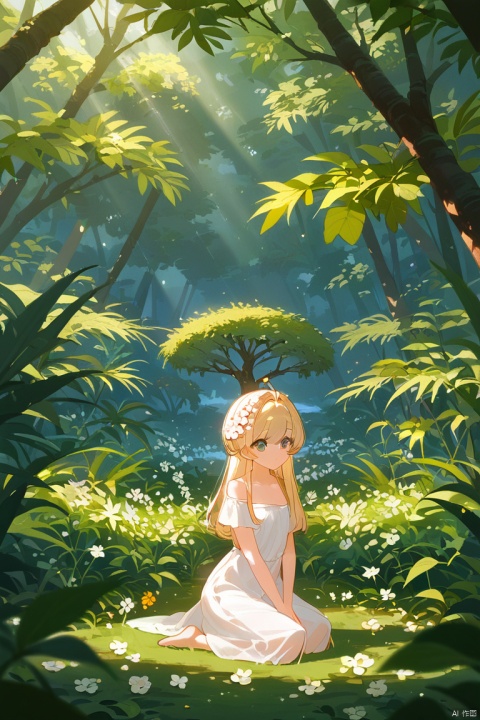 score_9, score_8_up, score_7_up, source_anime,  A serene landscape with a young girl kneeling down at the base of an ancient tree. Soft morning sunlight filters through the leaves, casting dappled patterns on her innocent face. Her gaze is downward, as if lost in thought, surrounded by lush greenery and vibrant flowers. Captured in candid silence, exuding tranquility and wonder.