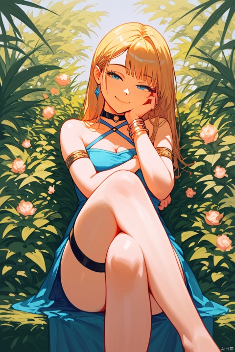 score_9, score_8_up, score_7_up, absurdres, 1girl, solo, sparklehsr, choker, bracelet, thigh strap, barefoot, crossed legs, smile, closed mouth, facing viewer, hand on own cheek, head tilt, half-closed eyes, 