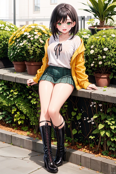  1girl, solo, breasts, looking at viewer, blush, smile, short hair, open mouth, bangs, skirt, shirt, black hair, long sleeves, medium breasts, sitting, green eyes, collarbone, full body, flower, :d, pleated skirt, boots, outdoors, day, miniskirt, black skirt, black footwear, black shirt, plant, cross-laced footwear, lace-up boots, potted plant,,high heels,miniskirt