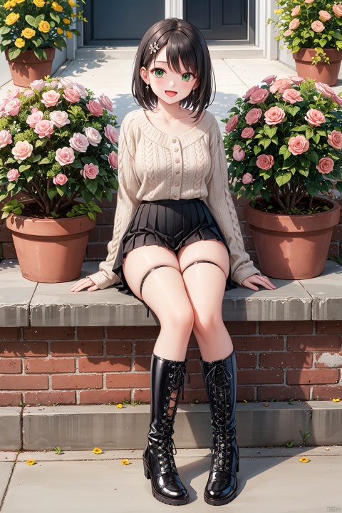  1girl, solo, breasts, looking at viewer, blush, smile, short hair, open mouth, bangs, skirt, shirt, black hair, long sleeves, medium breasts, sitting, green eyes, collarbone, full body, flower, :d, pleated skirt, boots, outdoors, day, miniskirt, black skirt, black footwear, black shirt, plant, cross-laced footwear, lace-up boots, potted plant,,high heels,miniskirt