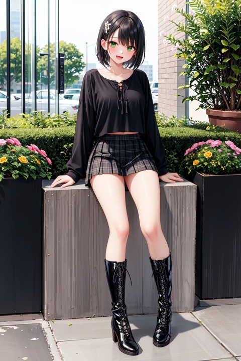  1girl, solo, breasts, looking at viewer, blush, smile, short hair, open mouth, bangs, skirt, shirt, black hair, long sleeves, medium breasts, sitting, green eyes, collarbone, full body, flower, :d, pleated skirt, boots, outdoors, day, miniskirt, black skirt, black footwear, black shirt, plant, cross-laced footwear, lace-up boots, potted plant,,high heels,miniskirt