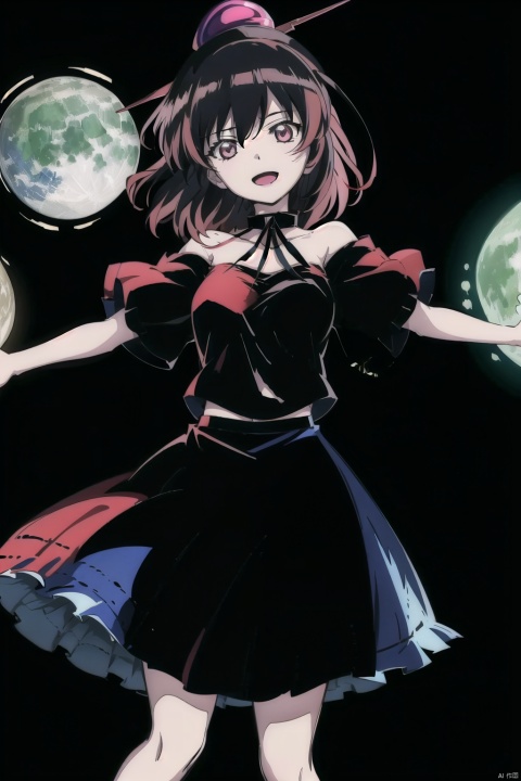 hecatia_lapislazuli,1girl,black_shirt,polos_crown,solo,looking_at_viewer,off-shoulder_shirt,t-shirt,open_mouth,short_sleeves,black_choker,gold_chain,smile,simple_background,clothes_writing,earth_(ornament),moon_(ornament),blush,bare_shoulders,multicolored_skirt,plaid_skirt,simple background,white backgroundmasterpiece,best quality, highly detailed, ,po,pixiv