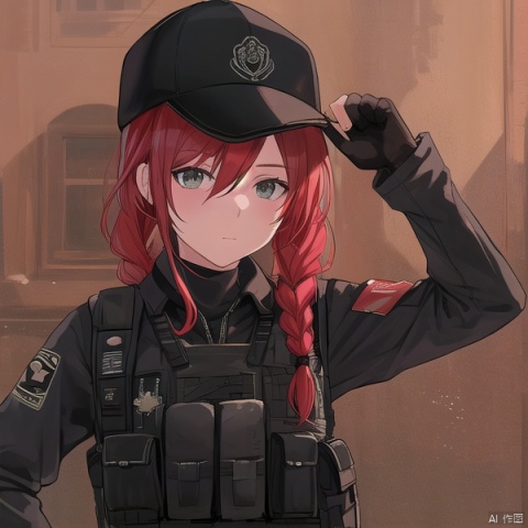 (masterpiece, best quality:1.2), , ash (rainbow six siege), 1girl, solo, hat, gloves, breasts, boots, baseball cap, pants, red hair, knee pads, black gloves, uniform, bulletproof vest, military, single braid, long sleeves, braided ponytail, braid, fingerless gloves, sunglasses, pixiv,looking_at_viewer,simple background,white backgroundmasterpiece,best quality, highly detailed, ,pixiv,backlight