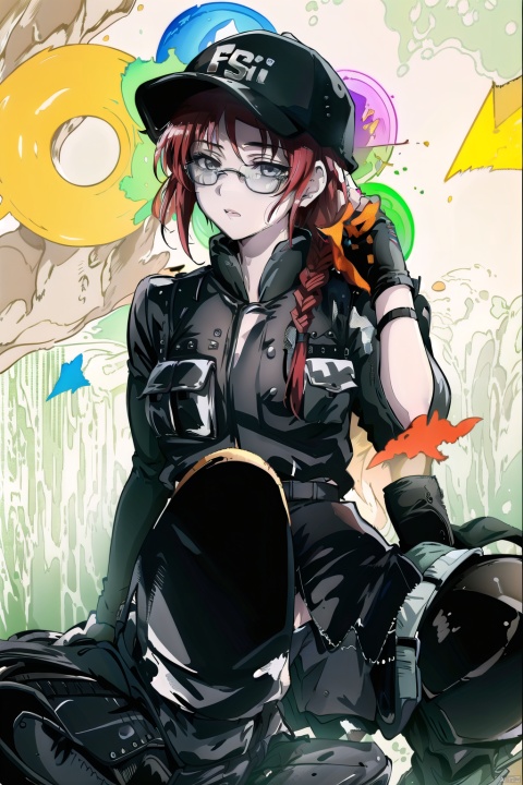 (masterpiece, best quality:1.2), , ash (rainbow six siege), 1girl, solo, hat, gloves, breasts, boots, baseball cap, pants, red hair, knee pads, black gloves, uniform, bulletproof vest, military, single braid, long sleeves, braided ponytail, braid, fingerless gloves, sunglasses, pixiv,looking_at_viewer,simple background,white backgroundmasterpiece,best quality, highly detailed, ,pixiv,backlight