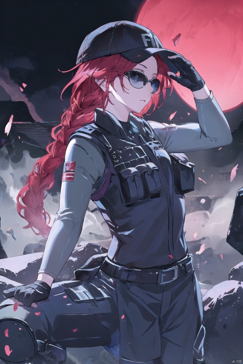 (masterpiece, best quality:1.2), , ash (rainbow six siege), 1girl, solo, hat, gloves, breasts, boots, baseball cap, pants, red hair, knee pads, black gloves, uniform, bulletproof vest, military, single braid, long sleeves, braided ponytail, braid, fingerless gloves, sunglasses, pixiv,looking_at_viewer,simple background,white backgroundmasterpiece,best quality, highly detailed, ,pixiv,backlight,Gensoueclipse