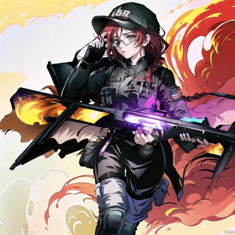  (masterpiece, best quality:1.2), , ash (rainbow six siege), 1girl, solo, hat, gloves, breasts, boots, baseball cap, pants, red hair, knee pads, black gloves, uniform, bulletproof vest, military, single braid, long sleeves, braided ponytail, braid, fingerless gloves, sunglasses, pixiv,looking_at_viewer,simple background,white backgroundmasterpiece,best quality, highly detailed, ,pixiv,backlight