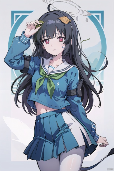 masterpiece, best quality,  ,miyu \(blue archive\), 1girl,halo,leaf on head, ahoge,animal ears,black hair,long hair,red eyes,green neckerchief,blue school uniform,sailor collar,long sleeves,pleated skirt,white pantyhose, ,straw hat,pixiv,backlight