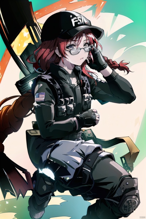  (masterpiece, best quality:1.2), , ash (rainbow six siege), 1girl, solo, hat, gloves, breasts, boots, baseball cap, pants, red hair, knee pads, black gloves, uniform, bulletproof vest, military, single braid, long sleeves, braided ponytail, braid, fingerless gloves, sunglasses, pixiv,looking_at_viewer,simple background,white backgroundmasterpiece,best quality, highly detailed, ,pixiv,backlight