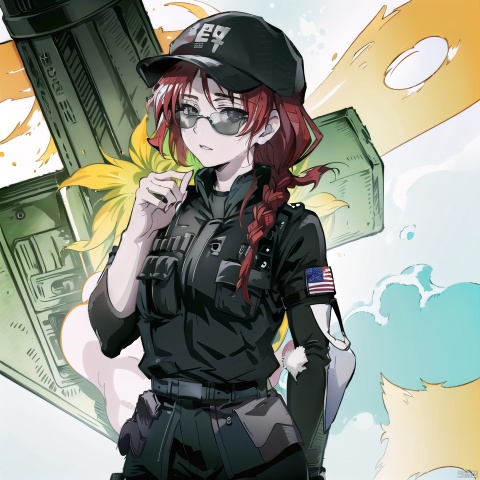  (masterpiece, best quality:1.2), , ash (rainbow six siege), 1girl, solo, hat, gloves, breasts, baseball cap, pants, red hair, knee pads, black gloves, uniform, bulletproof vest, military, single braid, long sleeves, braided ponytail, braid, fingerless gloves, sunglasses, pixiv,looking_at_viewer,simple background,white backgroundmasterpiece,best quality, highly detailed, ,pixiv,backlight,avatar icon