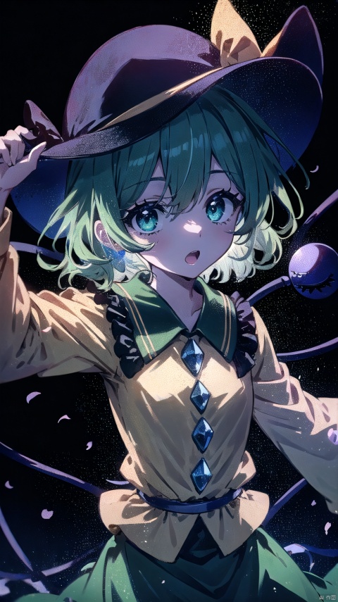 1girl, komeiji_koishi, solo, looking_at_viewer, short_hair, bangs, upper_body, hat bow,green hair,green eyes,symbol-shaped pupils,yellow shirt,green skirt,third eye,long sleeves, wide sleeves, floral print, eyeball, hair_over_one_eye, blood, buttons, floating_hair, rose, plant, black_background, blouse, red_flower, red_rose, heart_hair_ornament, vines, thorns, heart_button, backlight, komeiji koishi