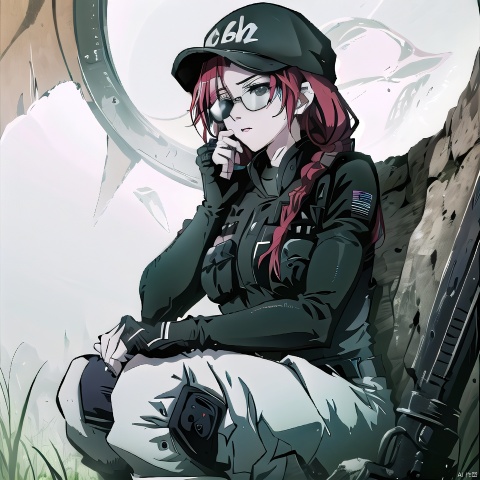 (masterpiece, best quality:1.2),  , ash (rainbow six siege), 1girl, solo, hat, gloves, breasts, boots, baseball cap, pants, red hair, knee pads, black gloves, uniform, bulletproof vest, military, single braid, long sleeves, braided ponytail, braid, fingerless gloves, sunglasses, resting on a tree branch, legs dangling, dreamy gaze,pixiv
