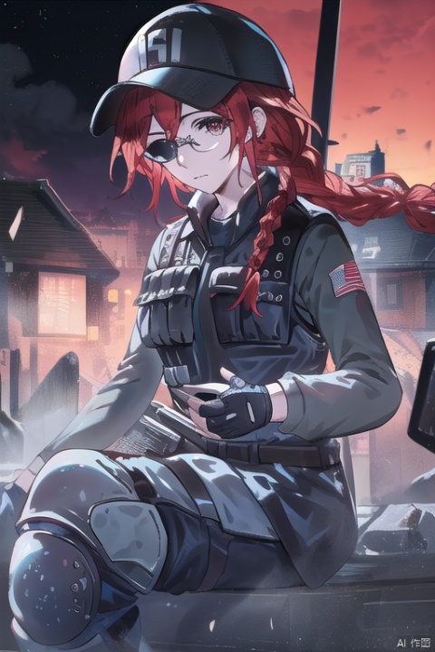 (masterpiece, best quality:1.2), , ash (rainbow six siege), 1girl, solo, hat, gloves, breasts, boots, baseball cap, pants, red hair, knee pads, black gloves, uniform, bulletproof vest, military, single braid, long sleeves, braided ponytail, braid, fingerless gloves, sunglasses, pixiv,looking_at_viewer,simple background,white backgroundmasterpiece,best quality, highly detailed, ,pixiv,backlight