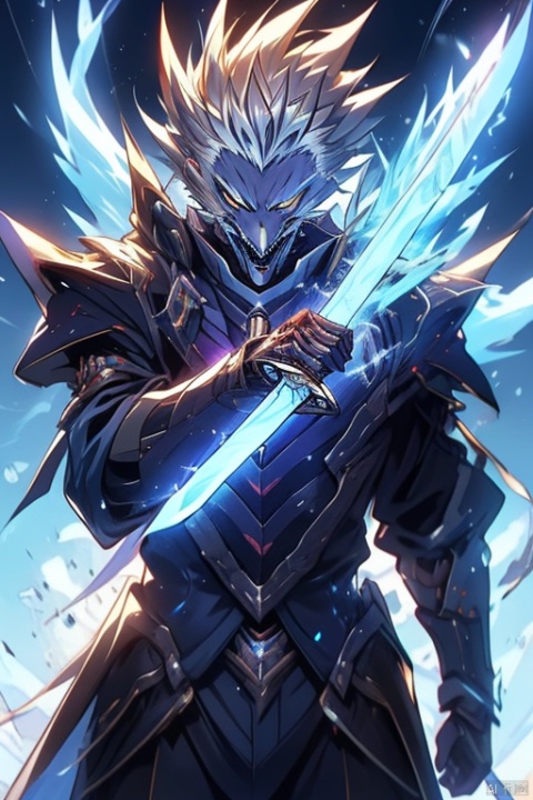 sword of hisou,werewolf,national shin ooshima school uniform,Confident 18-year-old boy with silver hair,detailed painting of fighting posture (ice magic,blowing cold wind from his hand