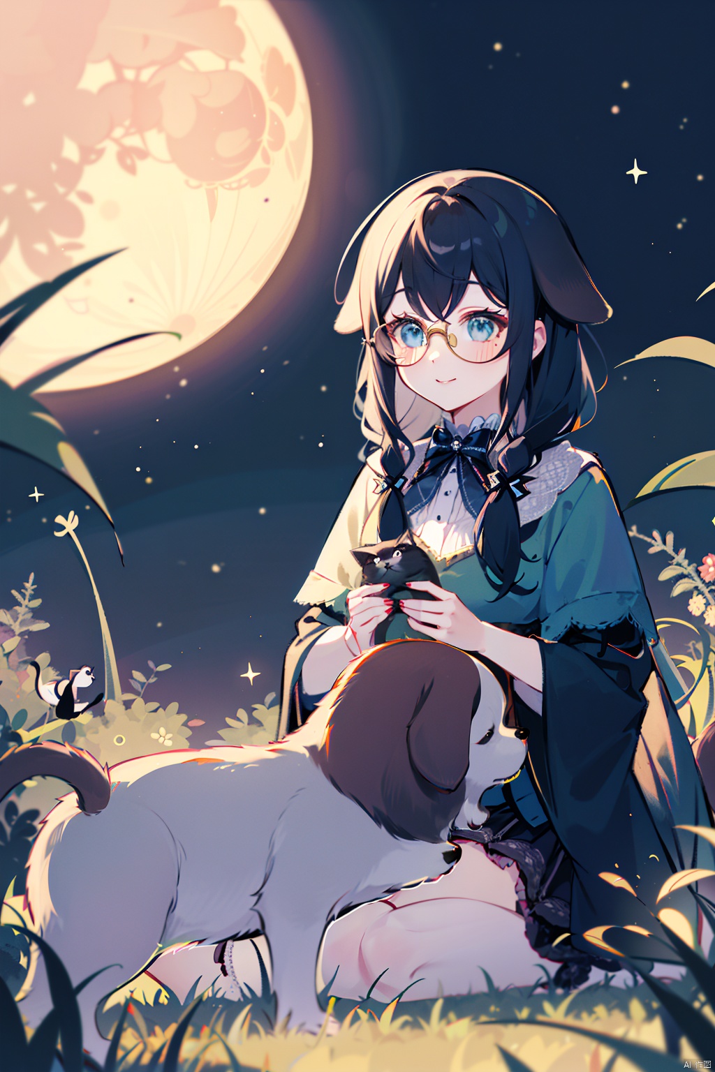 A whimsical scene unfolds under the starry night sky, with a curious cute cat and playful cute dog sitting together at the edge of a lush green lawn. Beside them, a stylish cute girl wearing trendy glasses gazes up at the radiant moon, her face aglow with delight as she takes in the magical atmosphere.