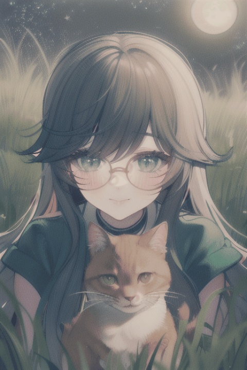 A whimsical scene unfolds under the starry night sky, with a curious cute cat and playful cute dog sitting together at the edge of a lush green lawn. Beside them, a stylish cute girl wearing trendy glasses gazes up at the radiant moon, her face aglow with delight as she takes in the magical atmosphere.