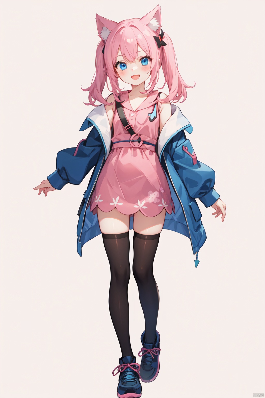  1girl, animal_ears, blue_eyes, blush, full_body, open_mouth, pink_background, pokemon_\(creature\), simple_background, smile, standing, thighhighs