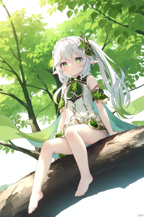  masterpiece,best quality,high quality,(colorful),[Artist miwano rag],[Artist toosaka asagi],[Artist wlop],[Artist chen bin],loli,1girl, solo, petite,loli,elf girl,pointy_ears,small breast, :),Trees, huge trees, Sitting on a branch of a tree, (chibi:0.1), masterpiece,bestquality, white hair,green hair,green eyes,symbol-shaped pupils, bangs, breasts,cross-shaped pupils, hair ornament, gradient hair,bare foot, nahida (genshin impact),