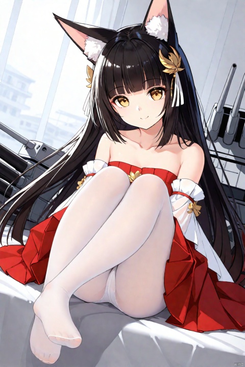 1girl, solo, long hair, looking at viewer, smile, bangs, black hair, hair ornament, dress, animal ears, bare, shoulders brown eyes, standing, collarbone, full body, yellow eyes, detached sleeves, shoes, socks, blunt bangs, animal ear fluff, see-through, kneehighs, fox ears, strapless, short dress, red dress, white socks, strapless dress, machinery, turret, cannon, rigging, pleated dress, torpedo tubes, nagato \(azur lane\) white lace panties, white pantyhose, panties under pantyhose, sitting on bed, knees raised, hugging own legs, feet, indoors, bedroom, daytime, Dutch angle, foot focus, masterpiece, Highest quality, ultra detailed, soles,