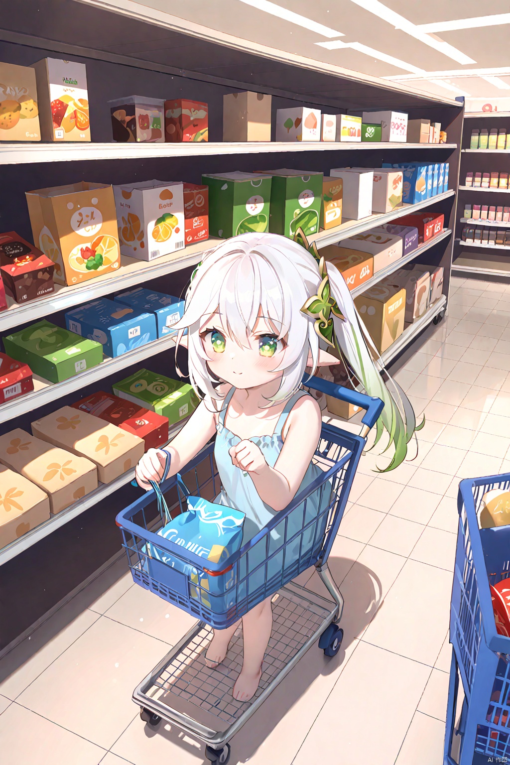  masterpiece,best quality,high quality,(colorful),[Artist miwano rag],[Artist toosaka asagi],[Artist wlop],[Artist chen bin],loli,1girl, solo, petite,loli,elf girl,pointy_ears,small breast, :),Supermarket, shelves, shopping cart, push shopping difference, select products,shopping, (chibi:0.1), masterpiece,bestquality, white hair,green hair,green eyes,symbol-shaped pupils, bangs, breasts,cross-shaped pupils, hair ornament, gradient hair,bare foot, nahida (genshin impact),