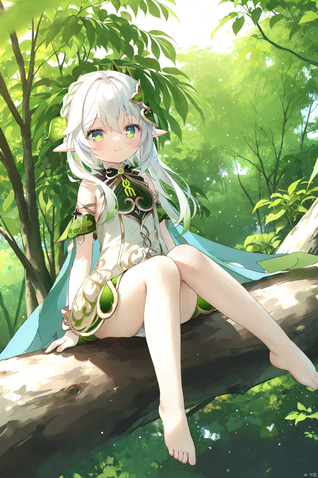  masterpiece,best quality,high quality,(colorful),[Artist miwano rag],[Artist toosaka asagi],[Artist wlop],[Artist chen bin],loli,1girl, solo, petite,loli,elf girl,pointy_ears,small breast, :),Trees, huge trees, Sitting on a branch of a tree, (chibi:0.1), masterpiece,bestquality, white hair,green hair,green eyes,symbol-shaped pupils, bangs, breasts,cross-shaped pupils, hair ornament, gradient hair,bare foot, nahida (genshin impact),