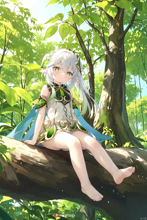  masterpiece,best quality,high quality,(colorful),[Artist miwano rag],[Artist toosaka asagi],[Artist wlop],[Artist chen bin],loli,1girl, solo, petite,loli,elf girl,pointy_ears,small breast, :),Trees, huge trees, Sitting on a branch of a tree, (chibi:0.1), masterpiece,bestquality, white hair,green hair,green eyes,symbol-shaped pupils, bangs, breasts,cross-shaped pupils, hair ornament, gradient hair,bare foot, nahida (genshin impact),